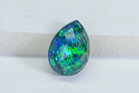 Blue Green Lab-Created Opal Cabochon: Pear Faceted Doublet, 11.35 Ct