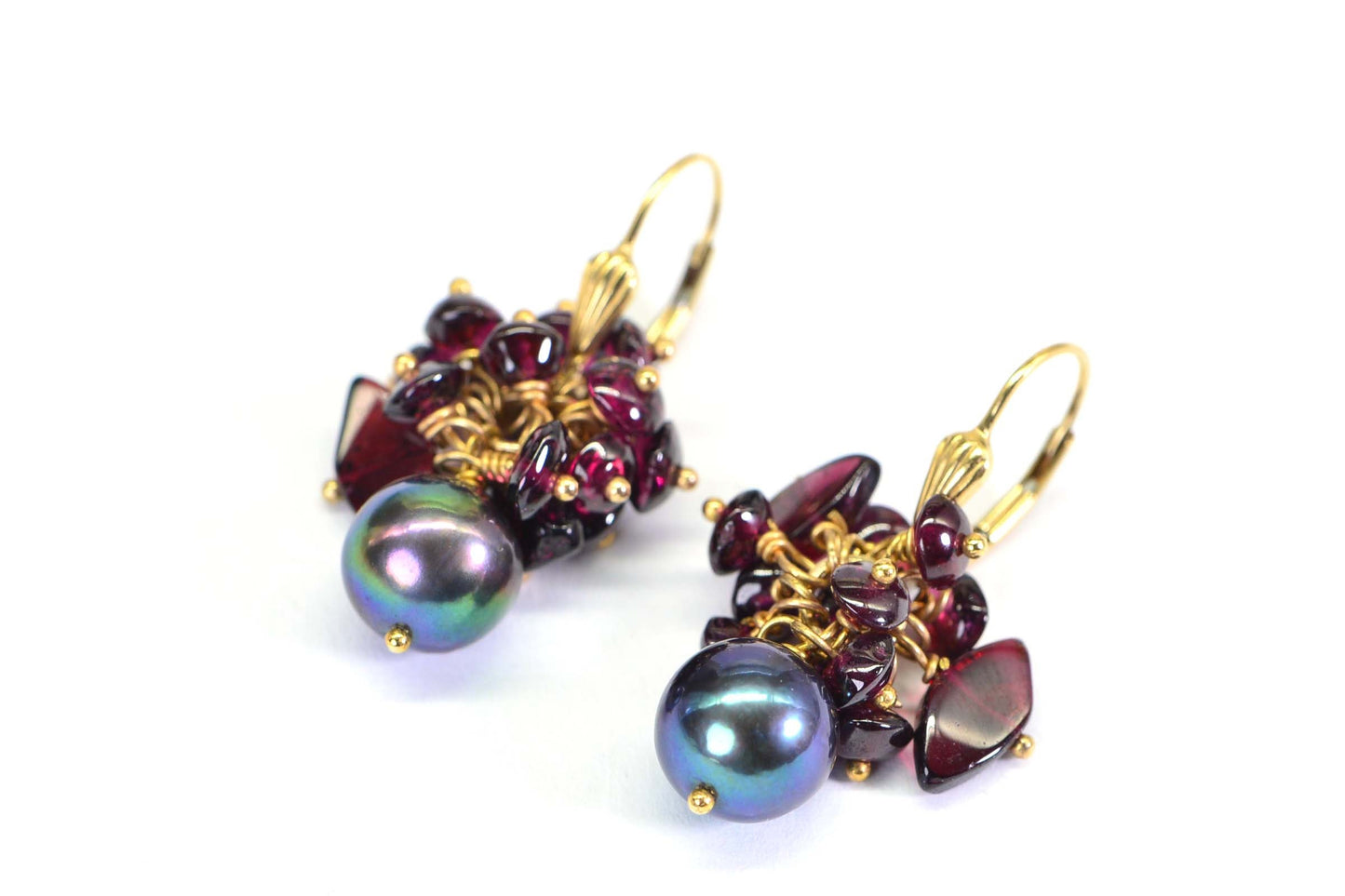 Black Pearl Garnet Dangle Earrings, 14k Gold-Filled Wire