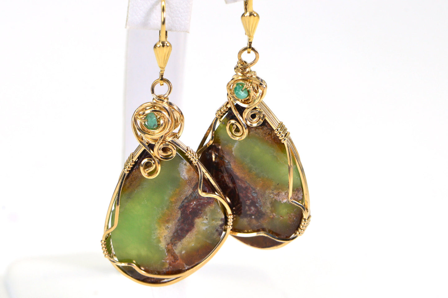 14K Gold-Filled Wire Wrapped Chrysoprase Drop Earrings