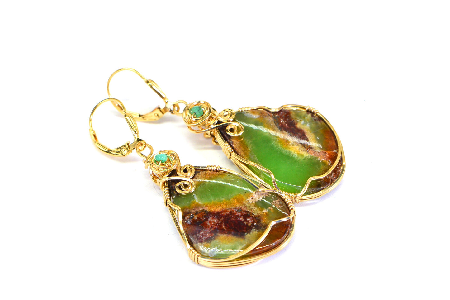 14K Gold-Filled Wire Wrapped Chrysoprase Drop Earrings
