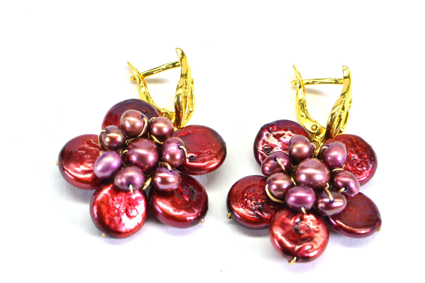 Burgundy Pearl Flower Earrings: Gold Wire Wrapped Gemstone