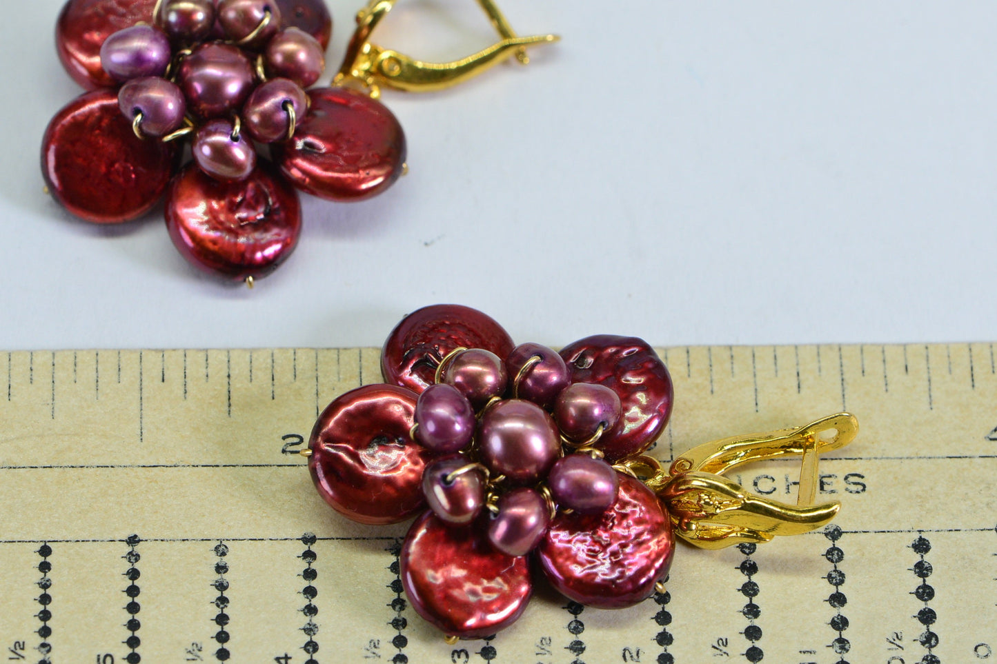 Burgundy Pearl Flower Earrings: Gold Wire Wrapped Gemstone