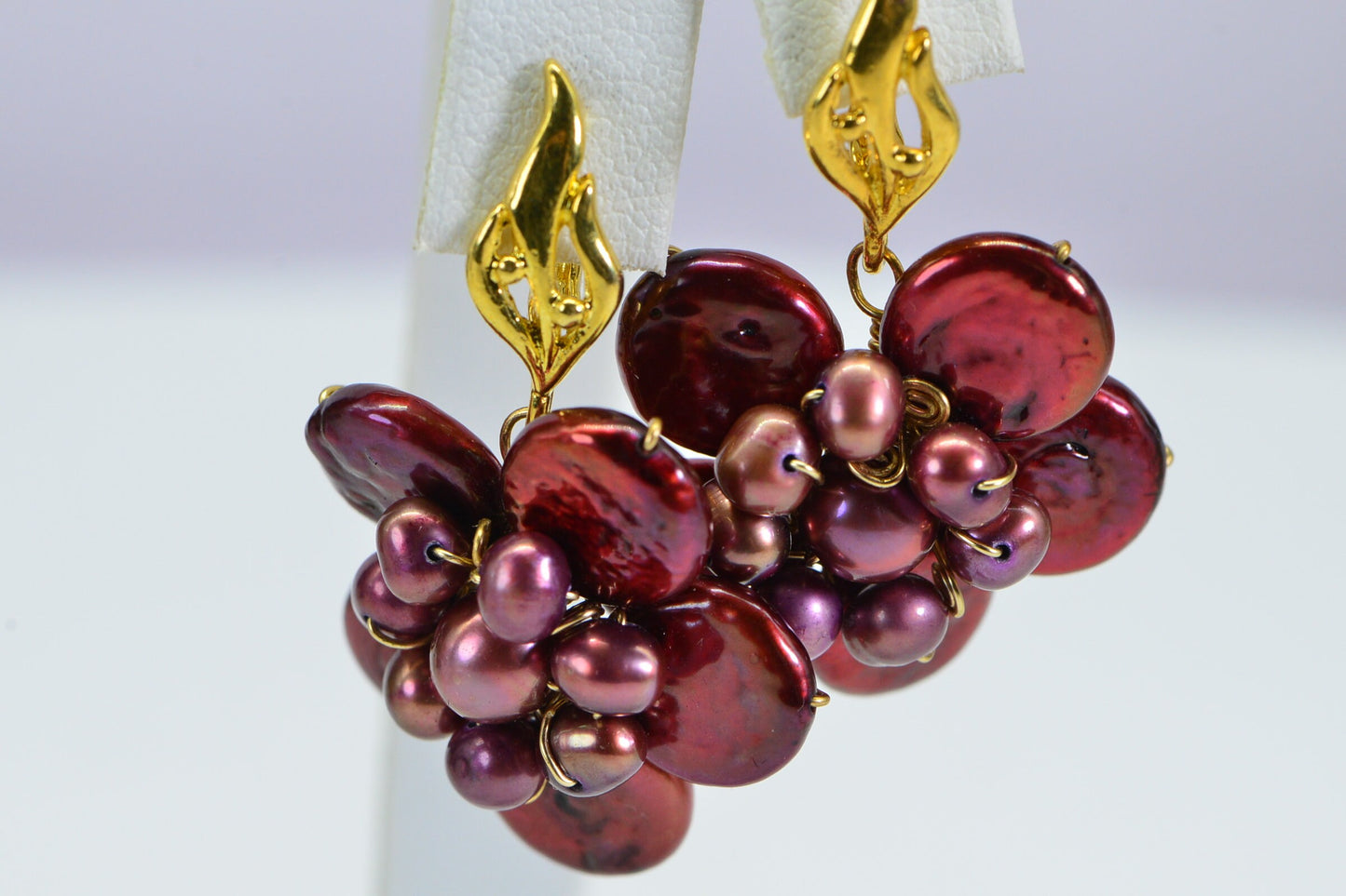 Burgundy Pearl Flower Earrings: Gold Wire Wrapped Gemstone