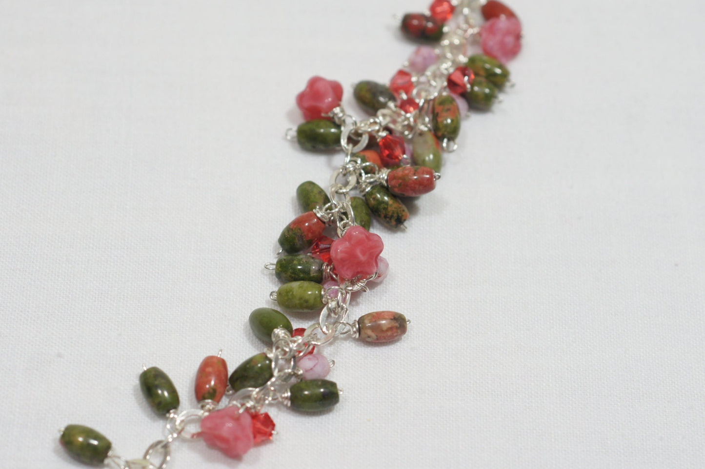 Unakite Charm Bracelet, Swarovski Crystal, Sterling Silver, 7.5 Inch