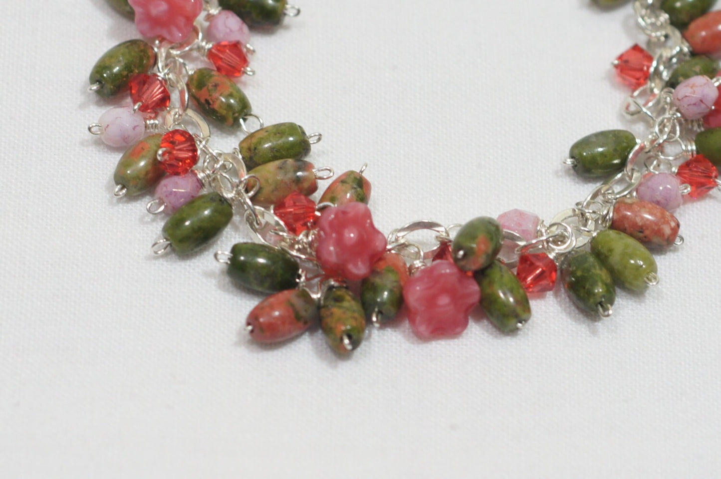 Unakite Charm Bracelet, Swarovski Crystal, Sterling Silver, 7.5 Inch