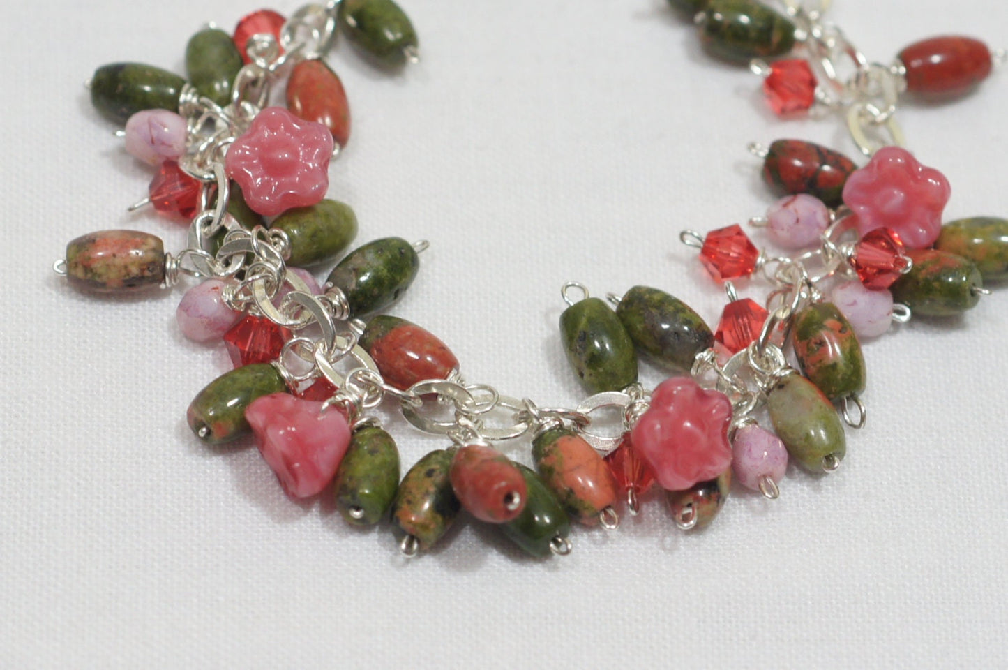 Unakite Charm Bracelet, Swarovski Crystal, Sterling Silver, 7.5 Inch