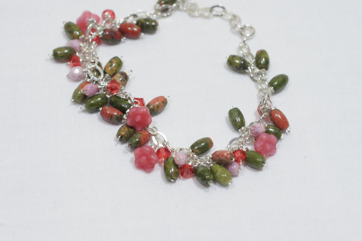 Unakite Charm Bracelet, Swarovski Crystal, Sterling Silver, 7.5 Inch