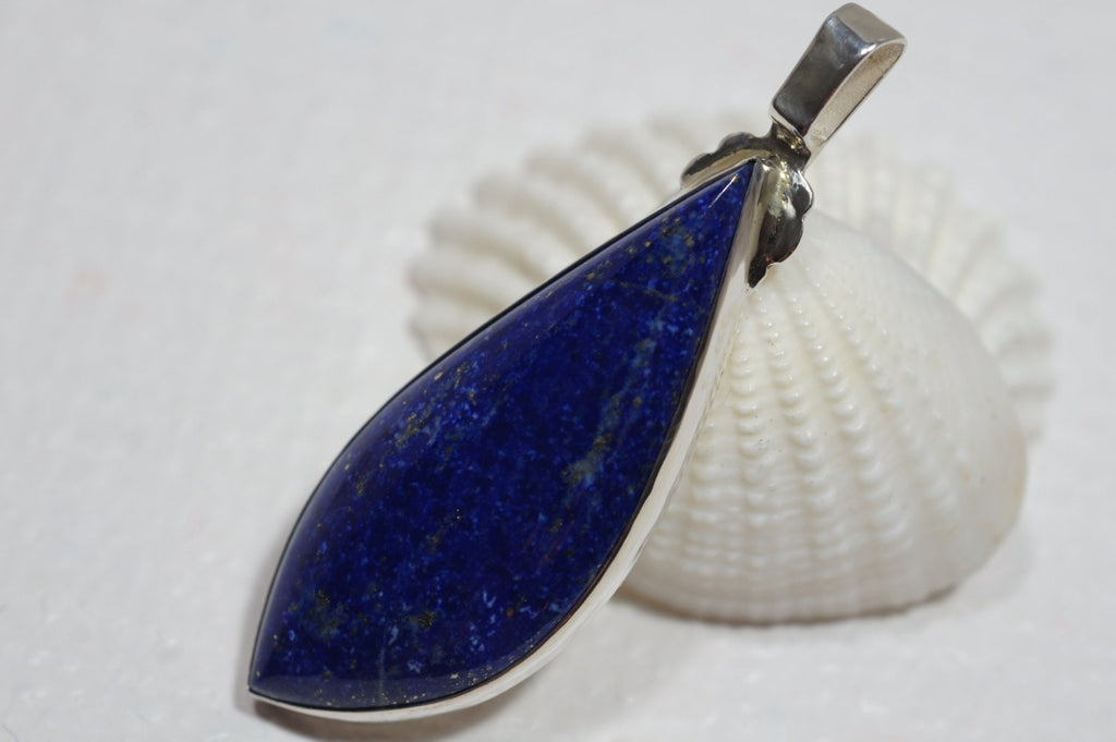 Lapis Lazuli Sterling Silver Bezel  Set Pendant  Gemstone Teardrop Shape Navy Blue  Birthstone December
