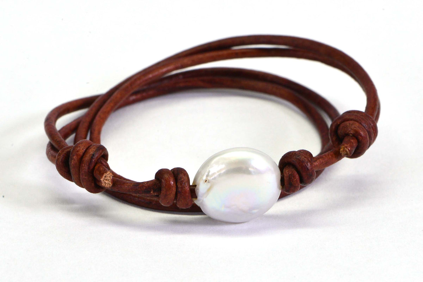 White Coin Pearl Necklace: Adjustable Leather Cord, Beach Style