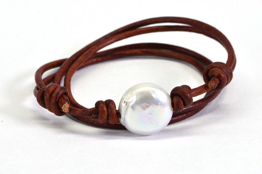 White Coin Pearl Necklace: Adjustable Leather Cord, Beach Style