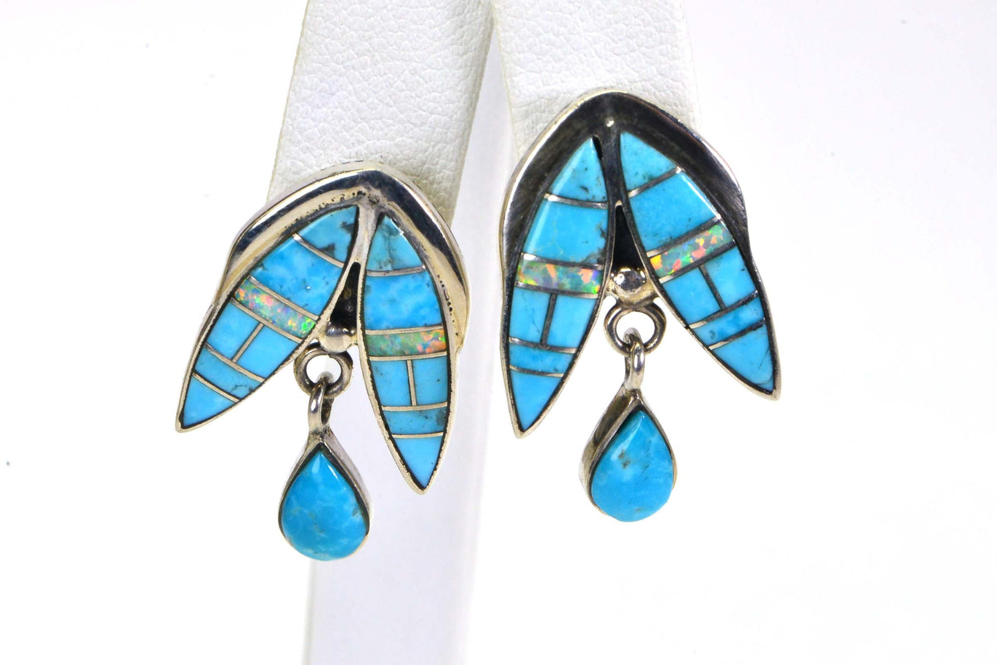 Vintage Teardrop Stud Earrings, Natural Turquoise Opal Inlay, Sterling Silver