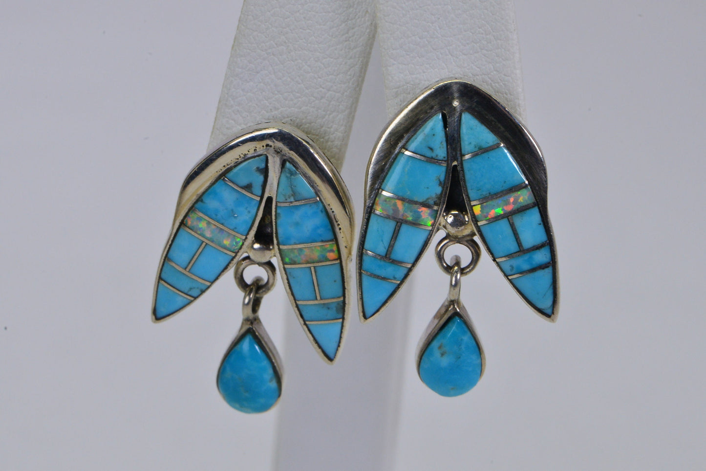 Vintage Teardrop Stud Earrings, Natural Turquoise Opal Inlay, Sterling Silver