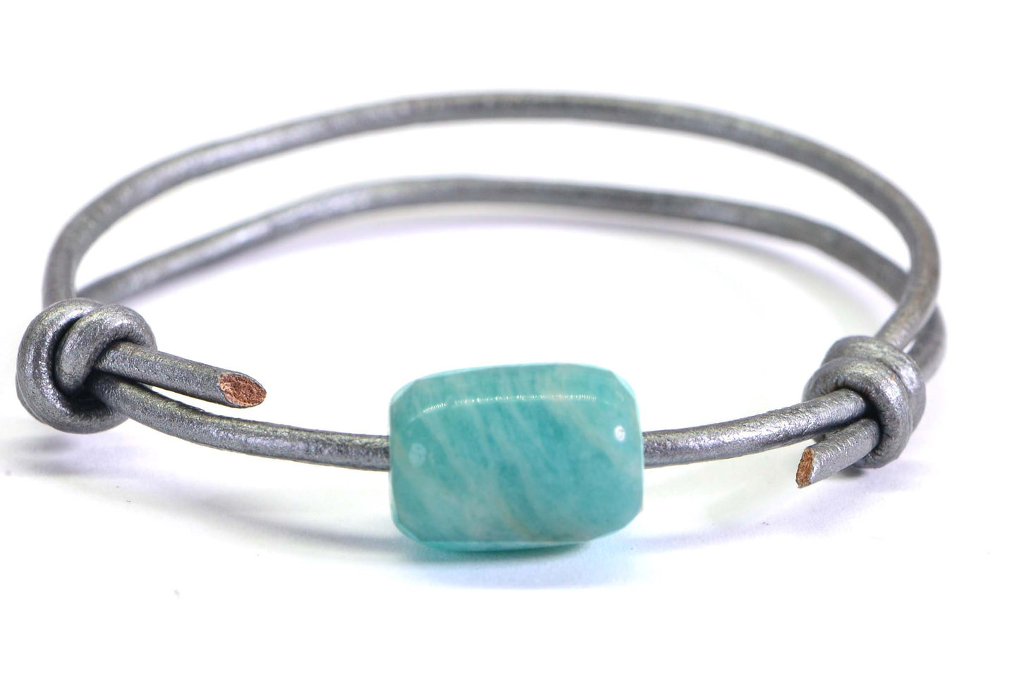 Peruvian Amazonite Barrel Stone on Gray Silver Leather Cord 2mm Adjustable Knot Slide Bracelet