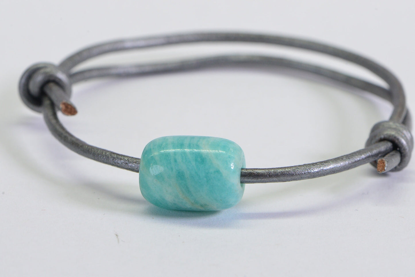 Peruvian Amazonite Barrel Stone on Gray Silver Leather Cord 2mm Adjustable Knot Slide Bracelet