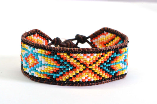 Aztec Seed Bead Leather Bracelet: Loom Woven Friendship Jewelry