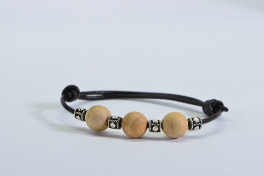 Sandalwood Beaded Leather Cord Bracelet: Adjustable Yoga Gift