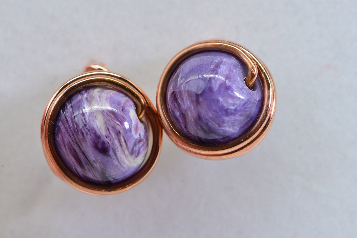 Natural Charoite Stud Earrings: Copper Wire Wrapped, 8mm