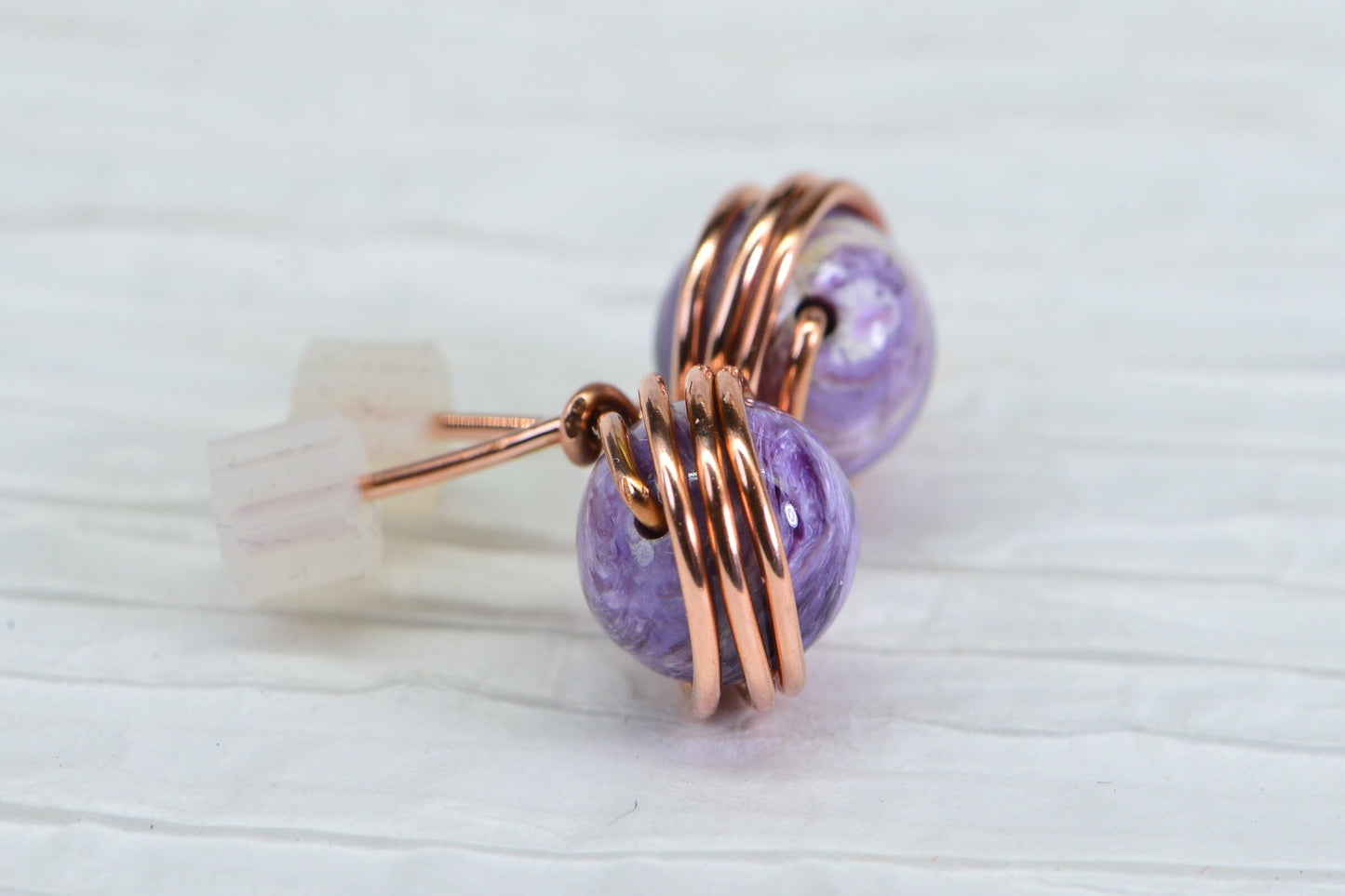 Natural Charoite Stud Earrings: Copper Wire Wrapped, 8mm