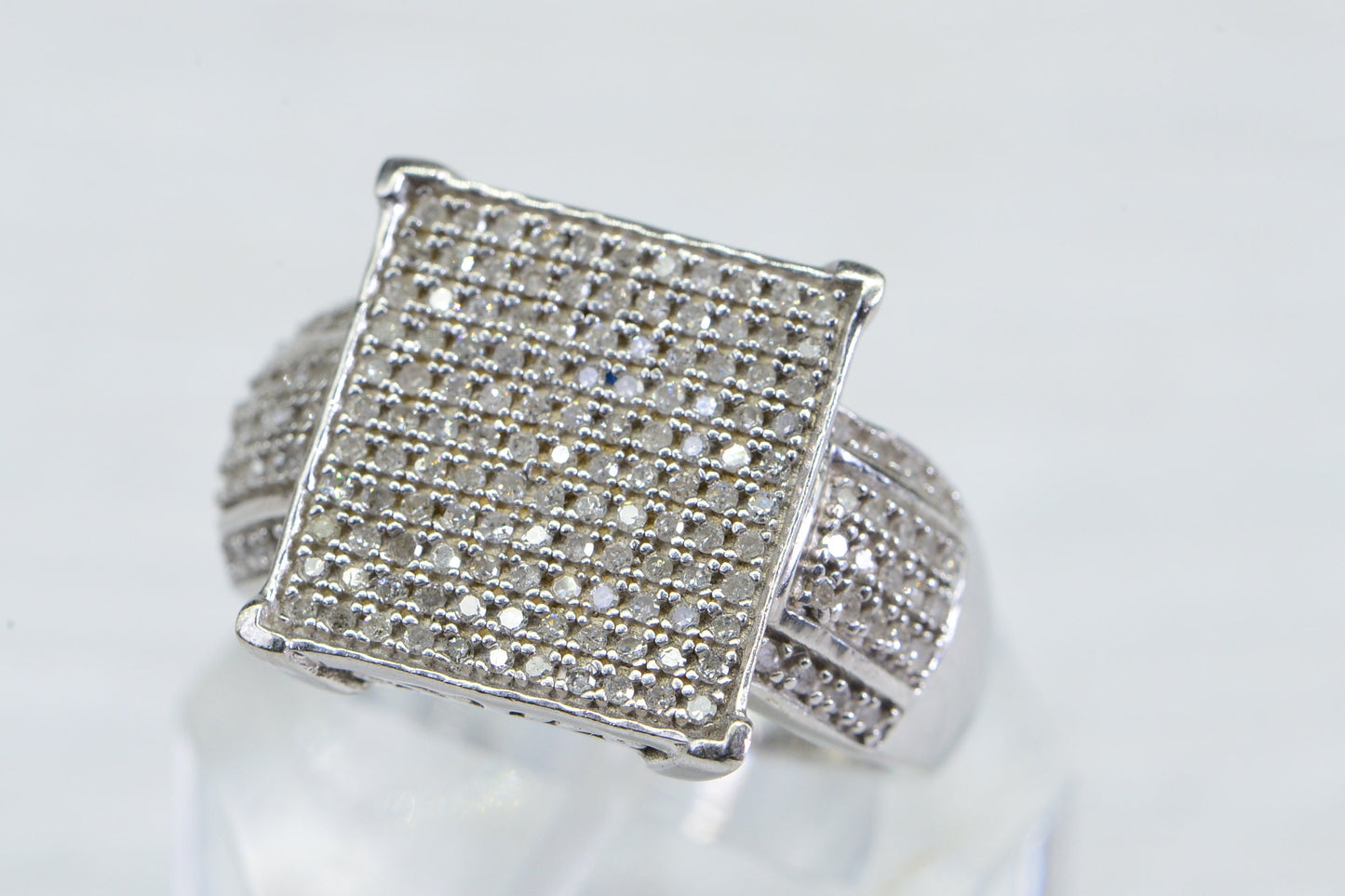 Diamond Encrusted Square Ring: 14K White Gold over Sterling Silver