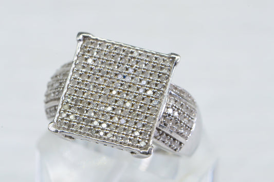 Diamond Encrusted Square Ring: 14K White Gold over Sterling Silver