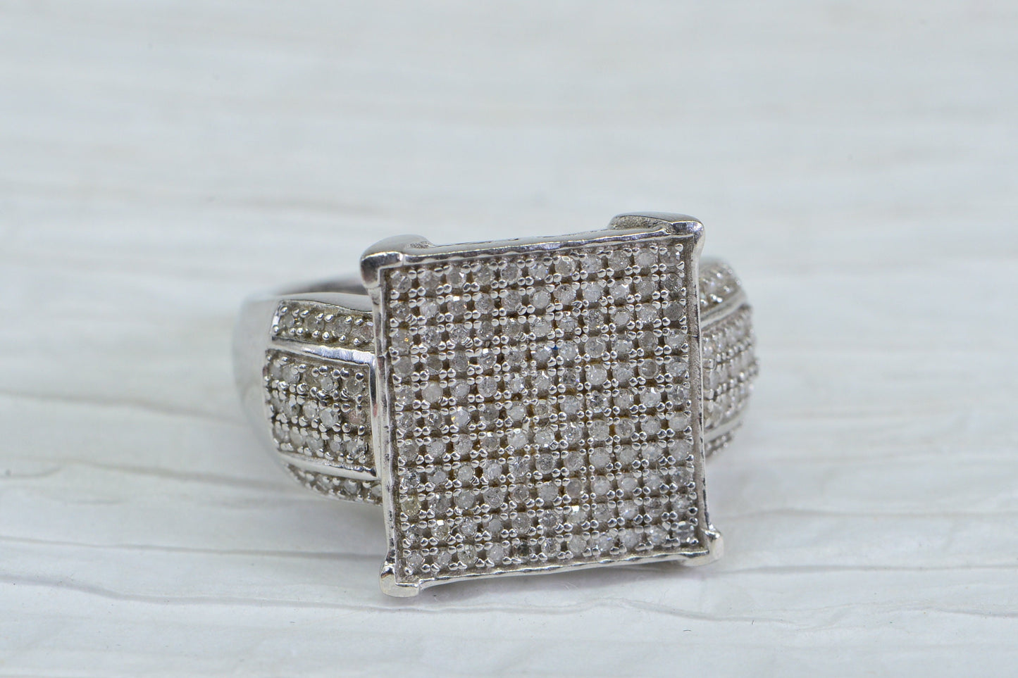 Diamond Encrusted Square Ring: 14K White Gold over Sterling Silver