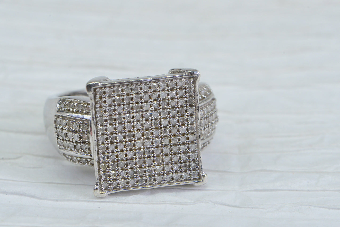 Diamond Encrusted Square Ring: 14K White Gold over Sterling Silver