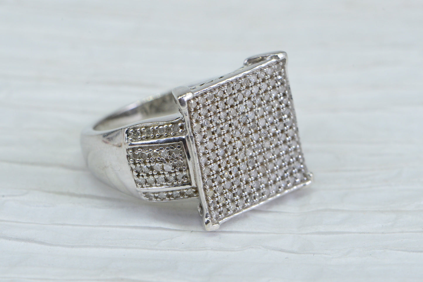 Diamond Encrusted Square Ring: 14K White Gold over Sterling Silver
