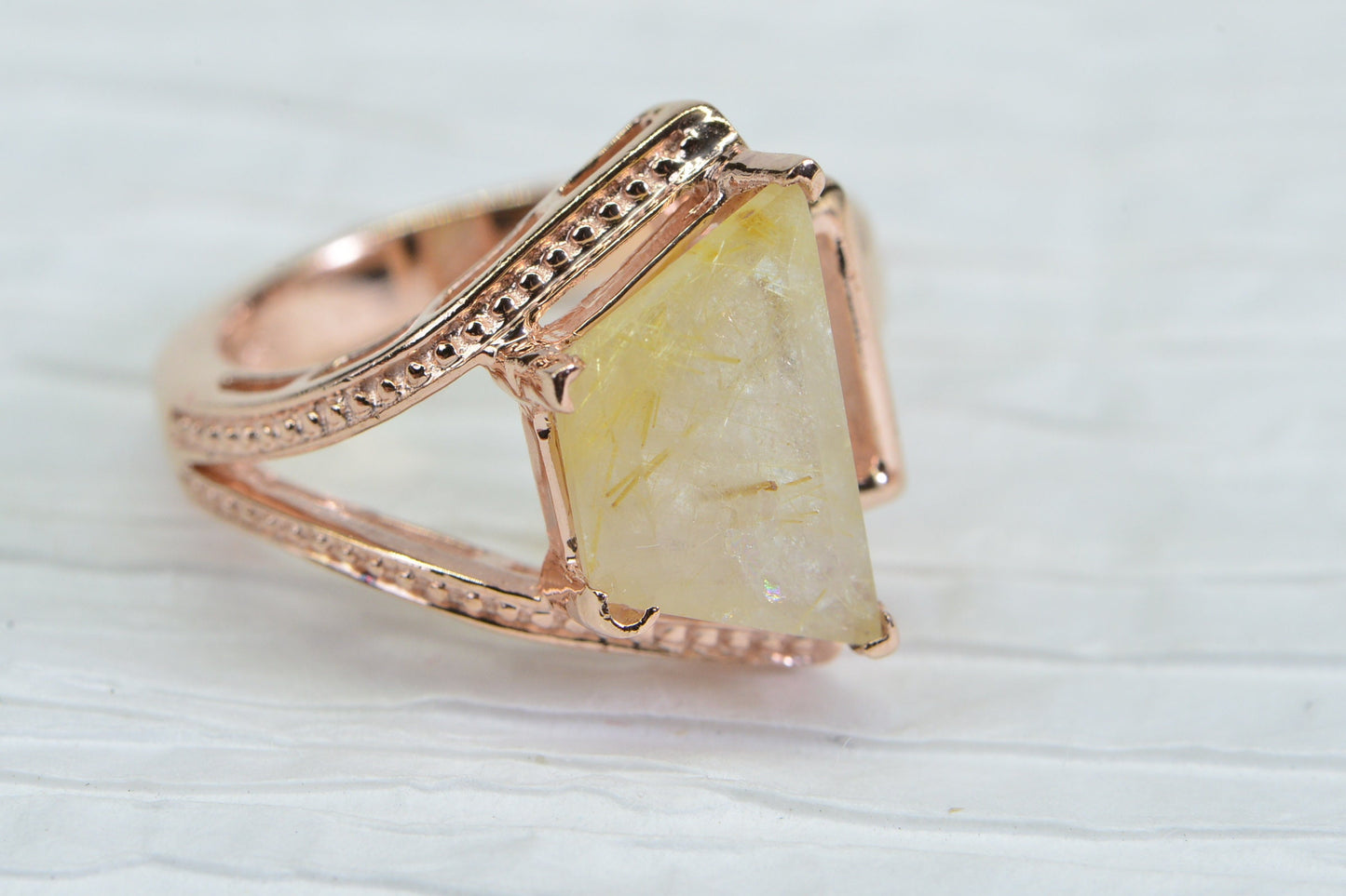 Golden Rutilated Quartz Ring: 14K Rose Gold Over Sterling Silver