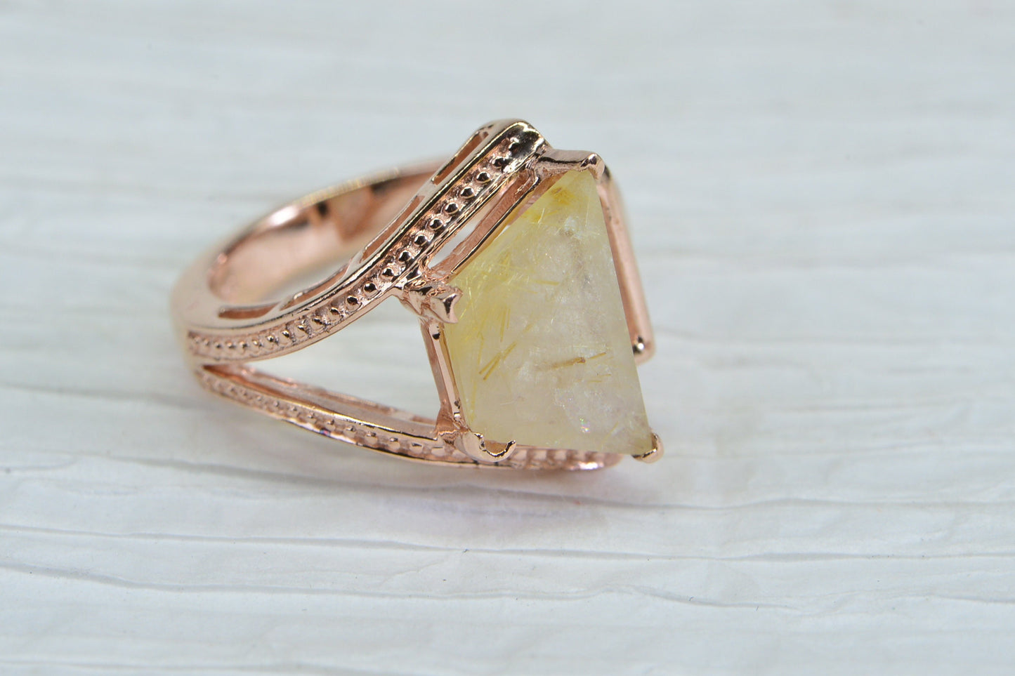 Golden Rutilated Quartz Ring: 14K Rose Gold Over Sterling Silver