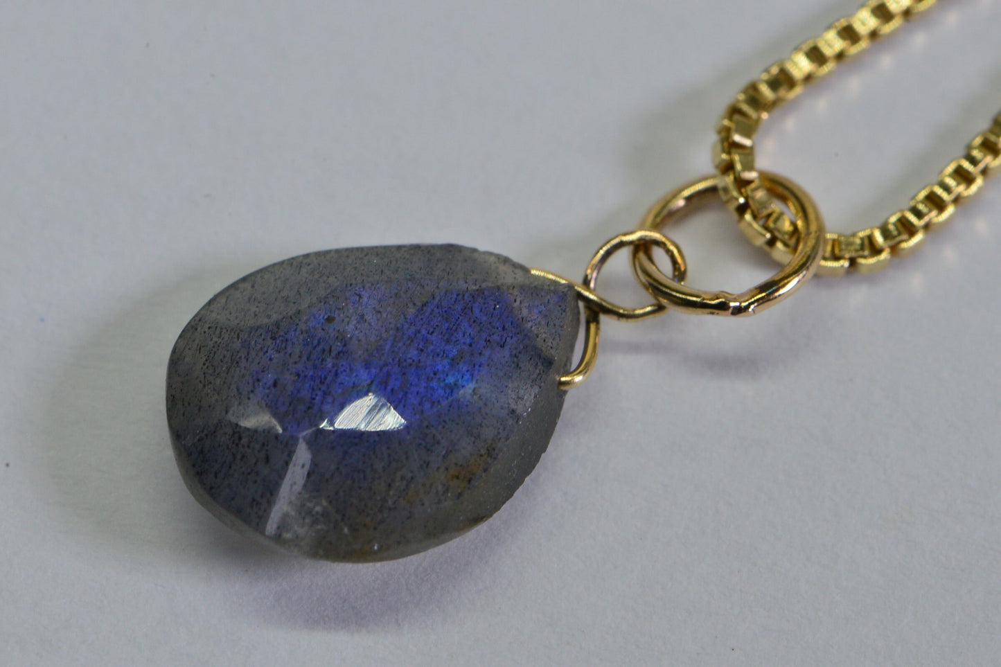 14K Gold Labradorite Pendant: Blue Fire Teardrop Charm