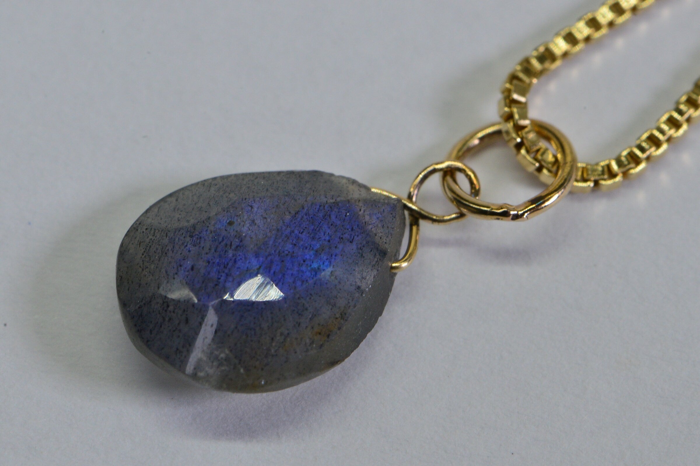 14K Gold Labradorite Pendant: Blue Fire Teardrop Charm