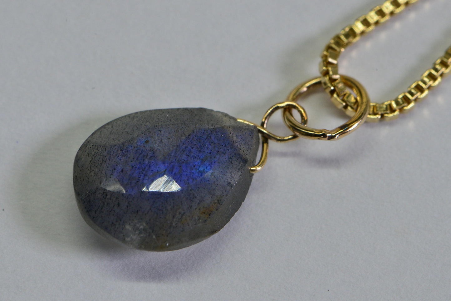 14K Gold Labradorite Pendant: Blue Fire Teardrop Charm