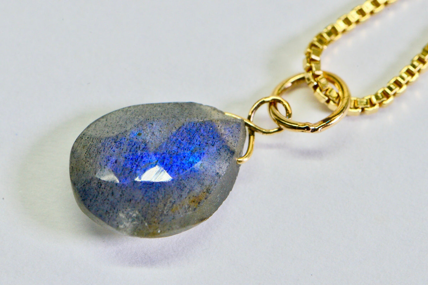 14K Gold Labradorite Pendant: Blue Fire Teardrop Charm