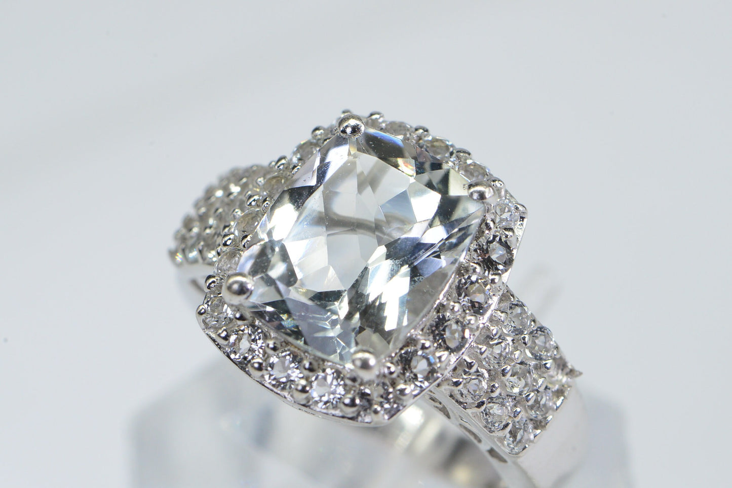 Emerald Cut White Topaz Ring: Halo Sterling Silver Filigree