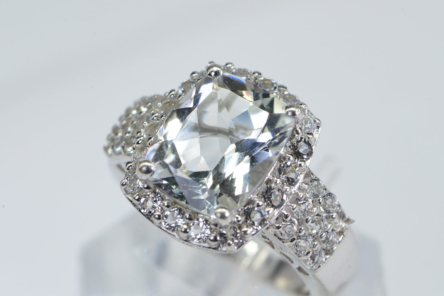 Emerald Cut White Topaz Ring: Halo Sterling Silver Filigree