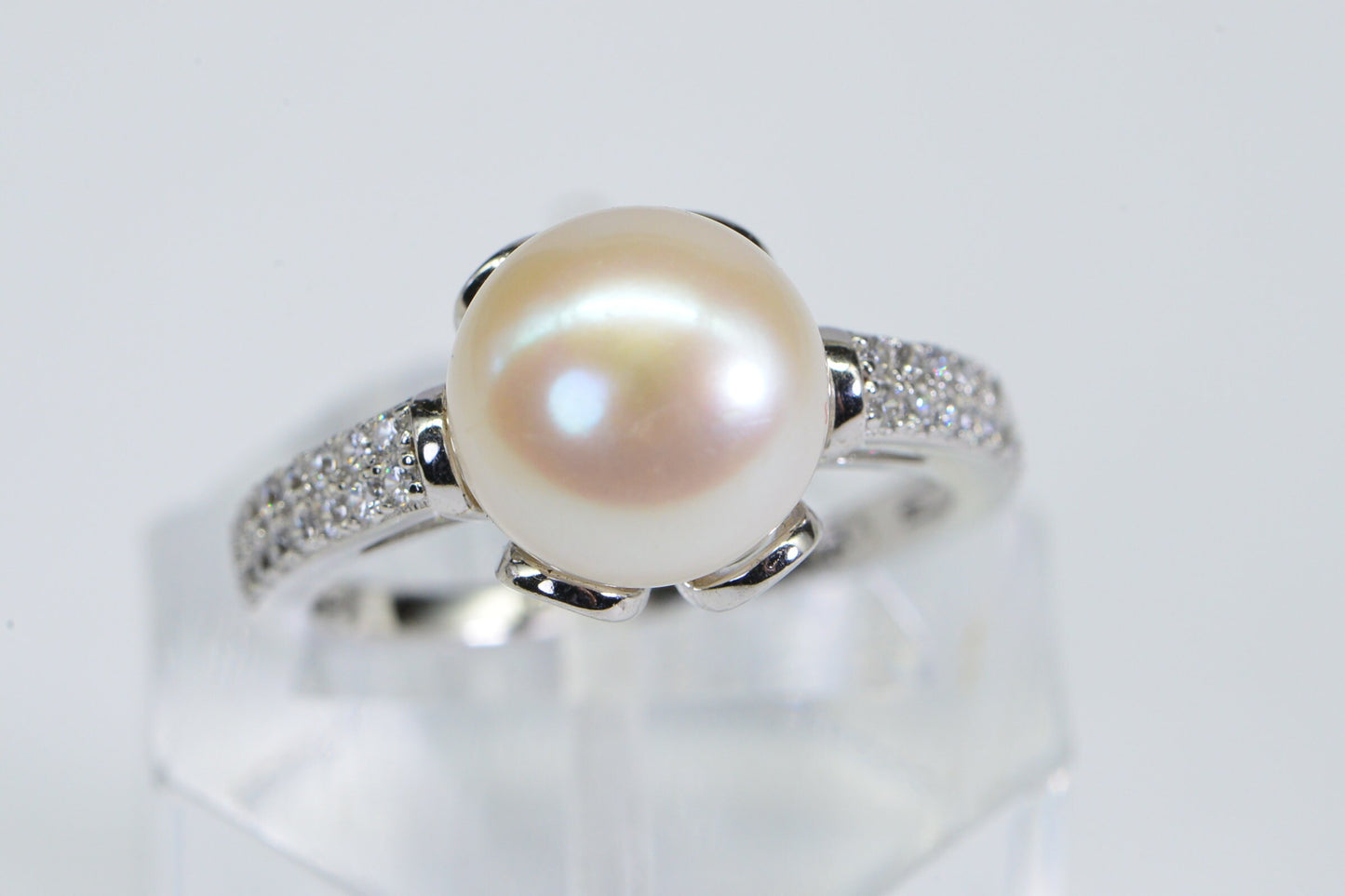 South Sea Pearl Ring: 14K White Gold Over Sterling Silver, CZ Accents