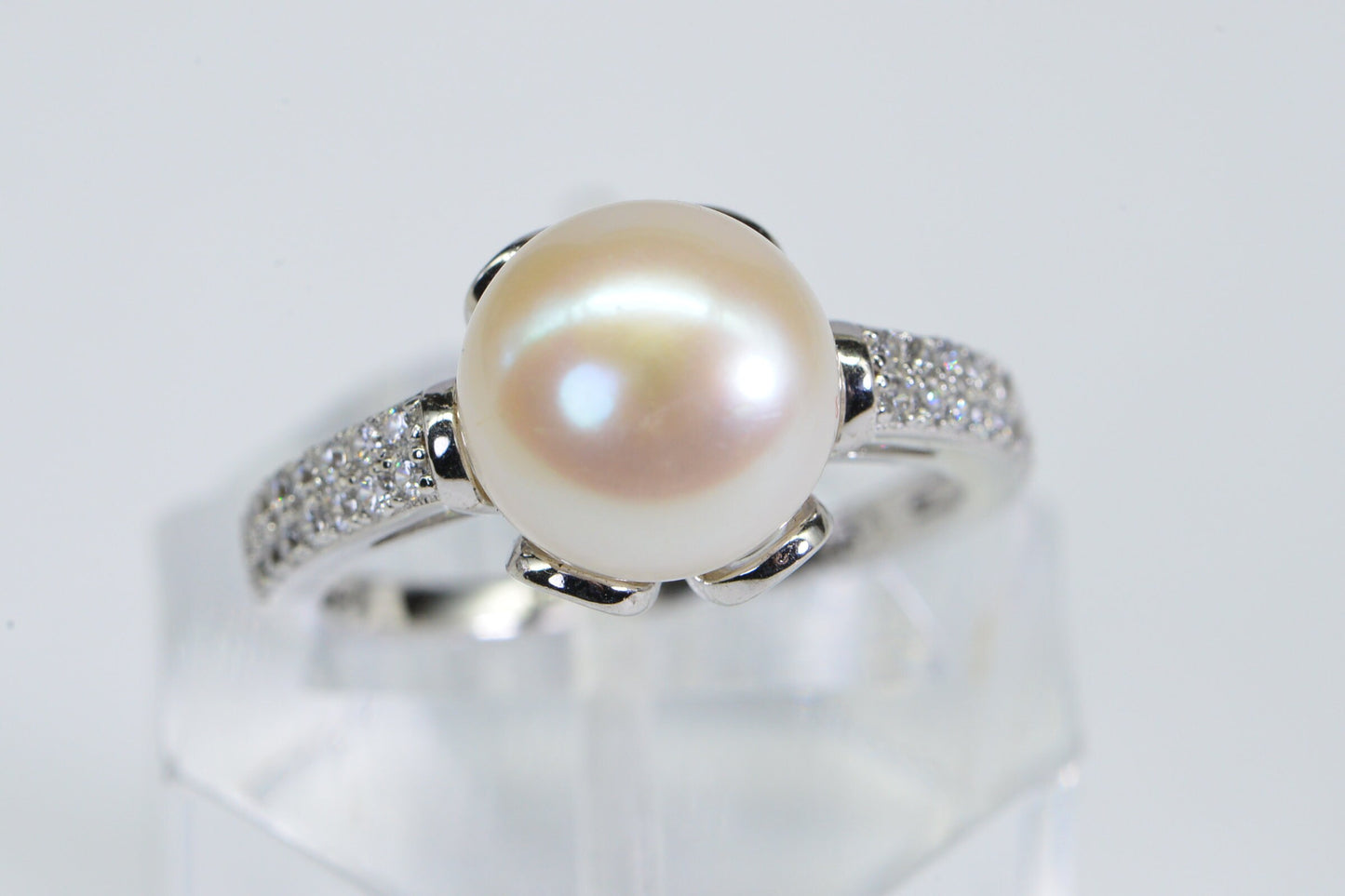 South Sea Pearl Ring: 14K White Gold Over Sterling Silver, CZ Accents