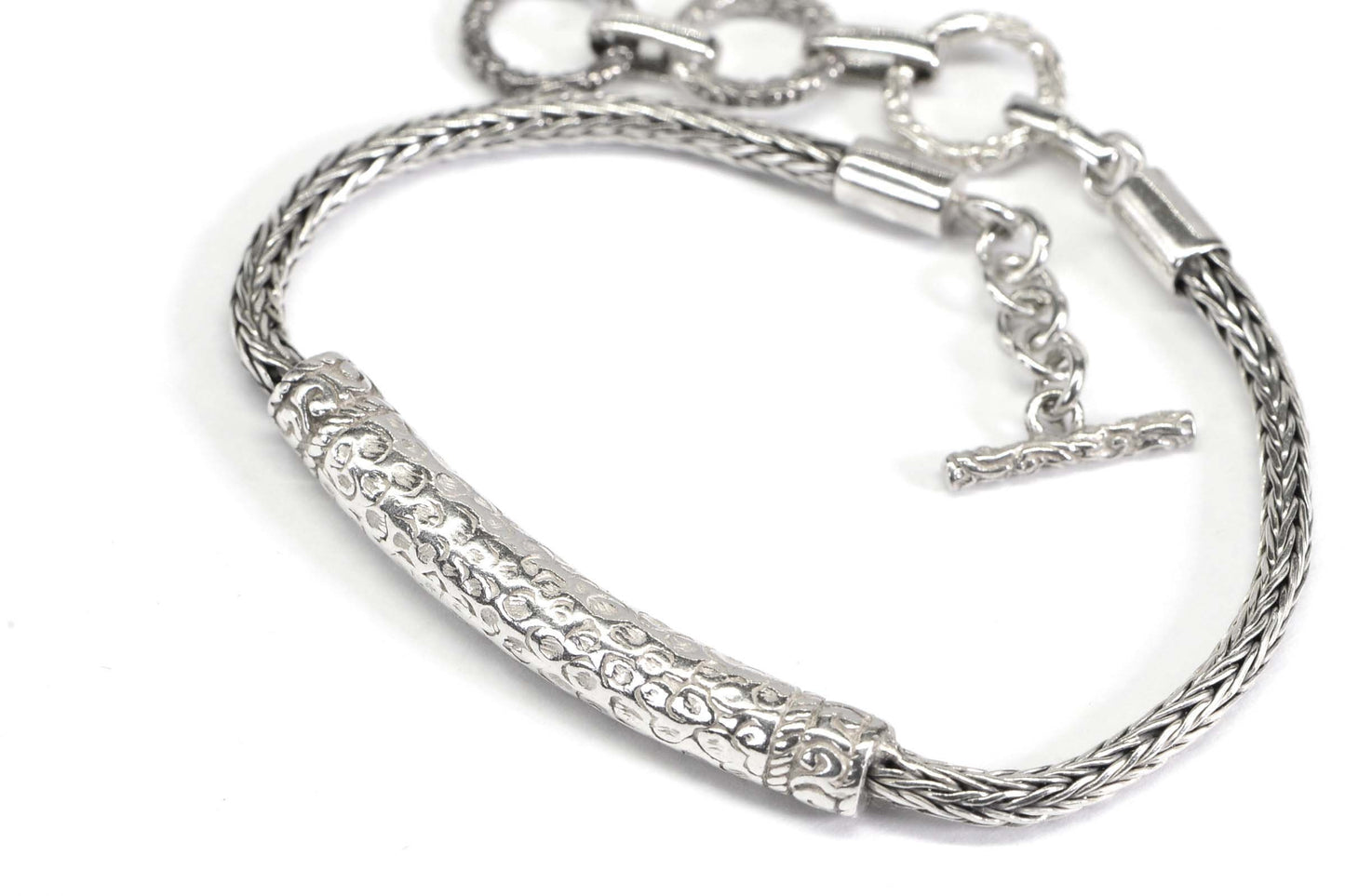 Sterling Silver Byzantine Chain Bracelet, Vintage Toggle Clasp, 8 inch