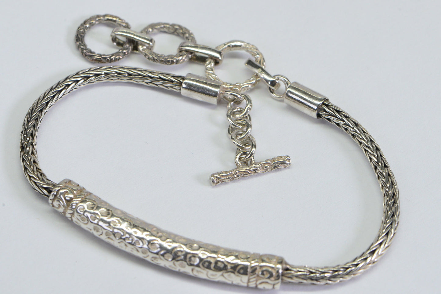 Sterling Silver Byzantine Chain Bracelet, Vintage Toggle Clasp, 8 inch