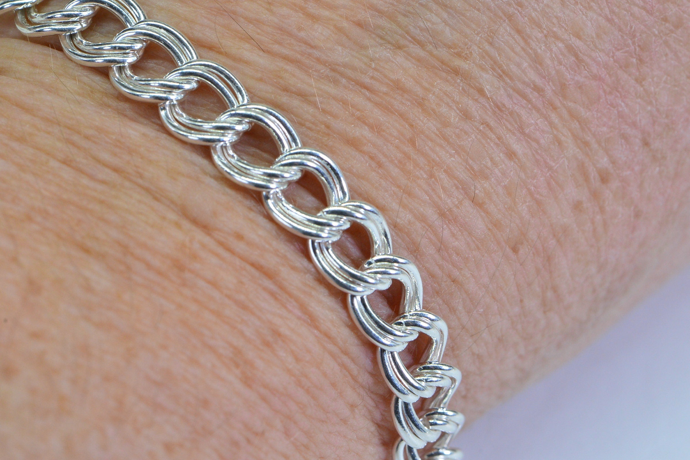 Heavy Dangle Charm Bracelet, Sterling Silver Cuban Chain Bracelet