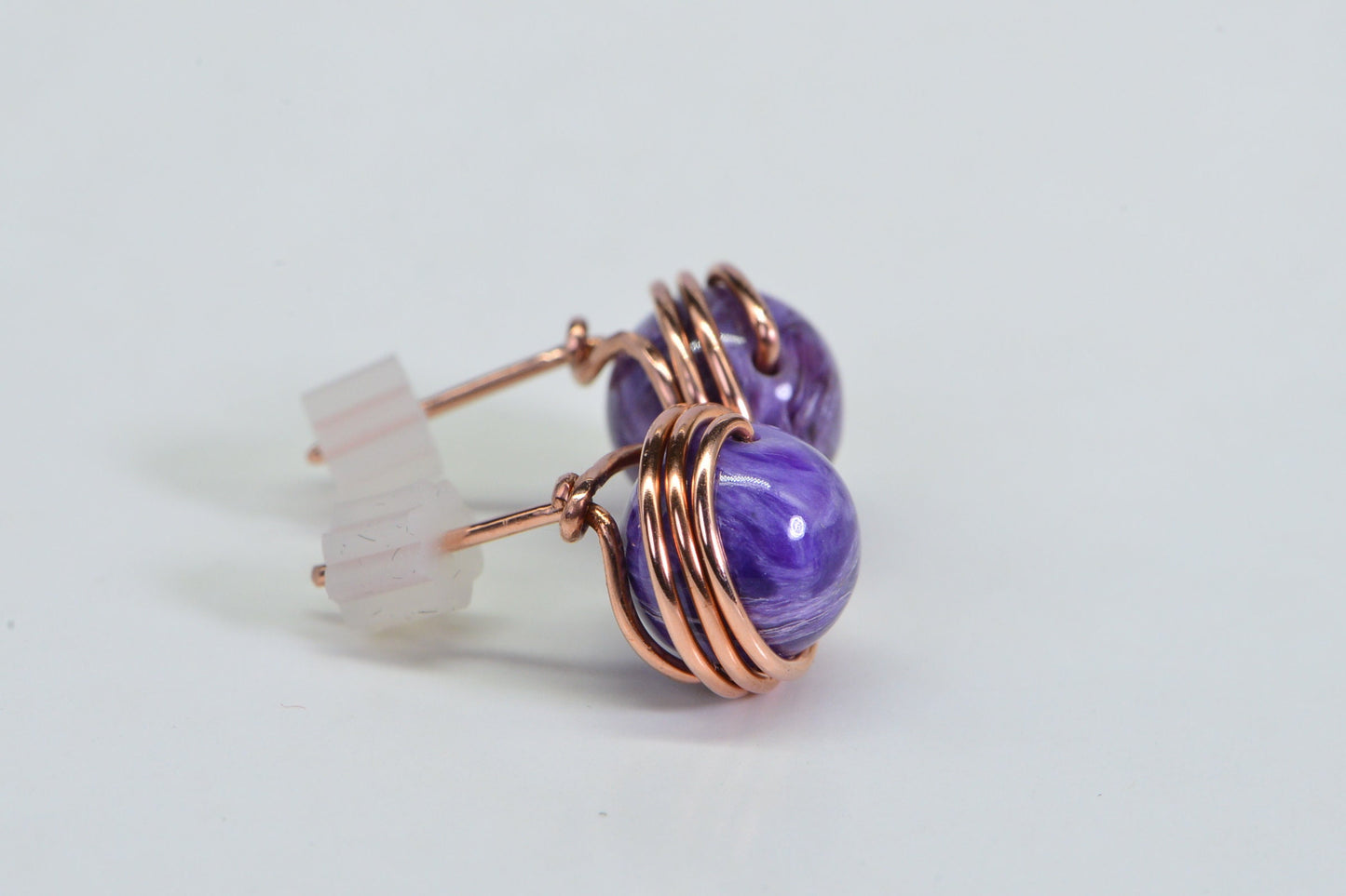 9mm Charoite Studs: Copper Wire Wrapped Earrings