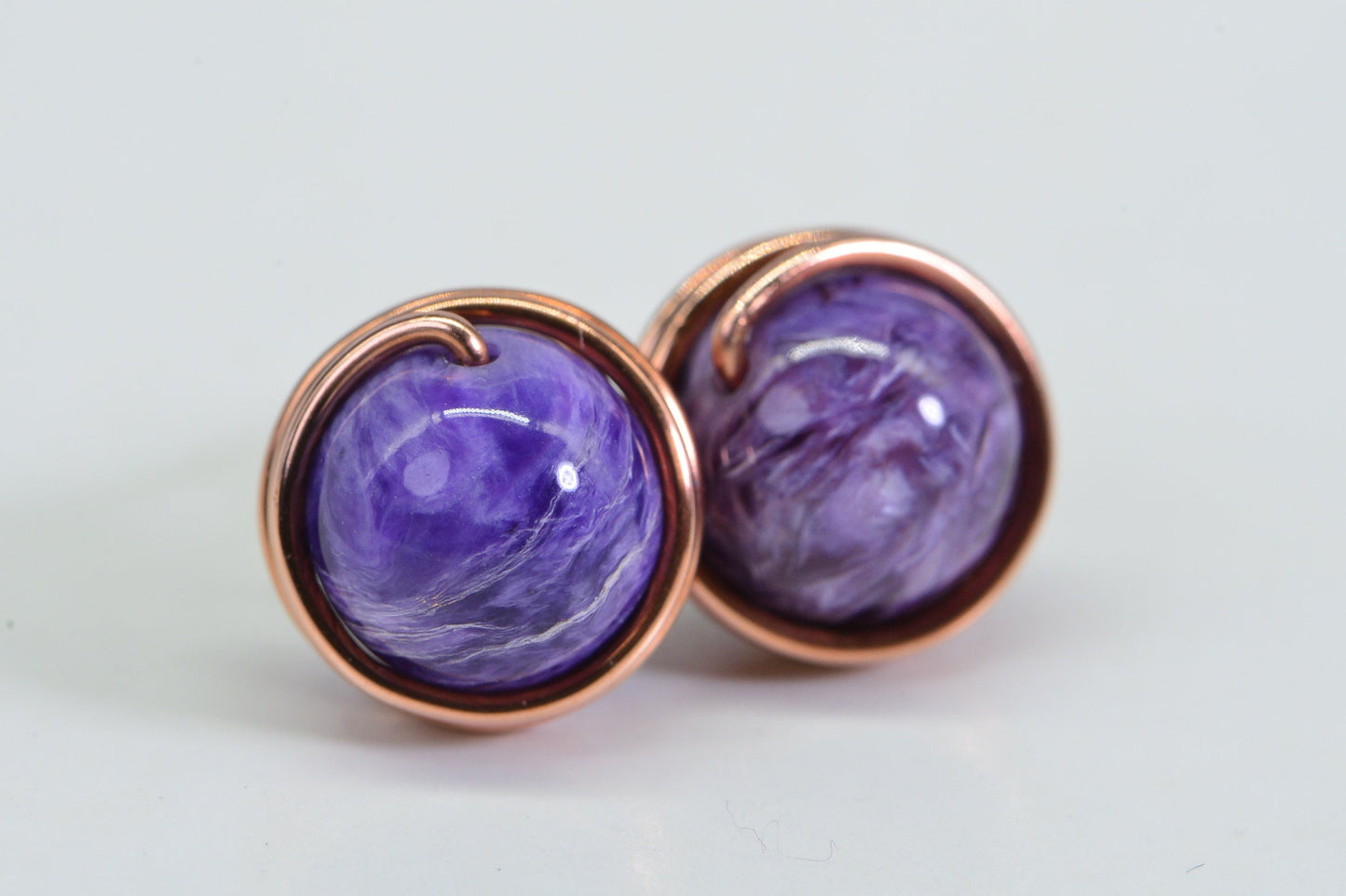 9mm Charoite Studs: Copper Wire Wrapped Earrings