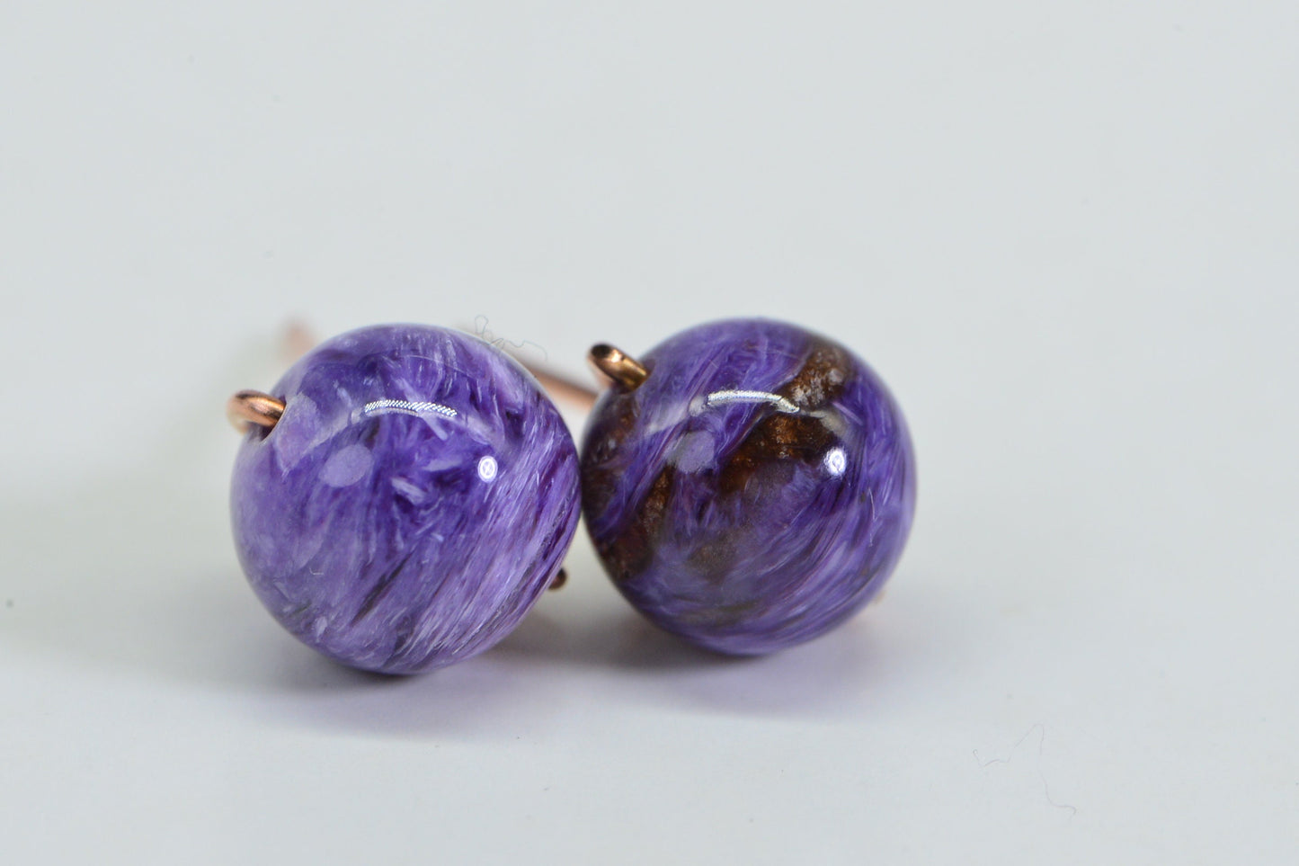 9mm Natural Charoite Studs: Copper Wire Wrapped Earrings