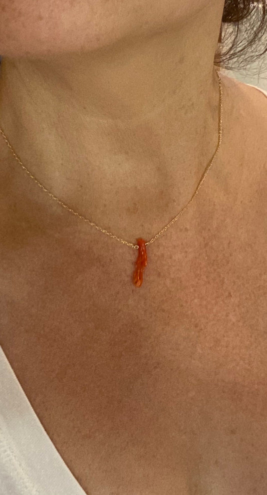 14K Gold Mediterranean Coral Branch Necklace: Red Orange Minimalist Jewelry