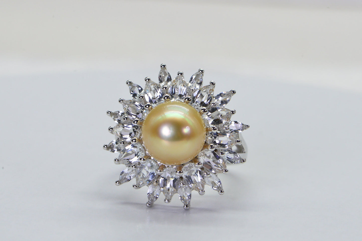 10mm Golden Pearl Ring: White Topaz Halo, Sterling Silver