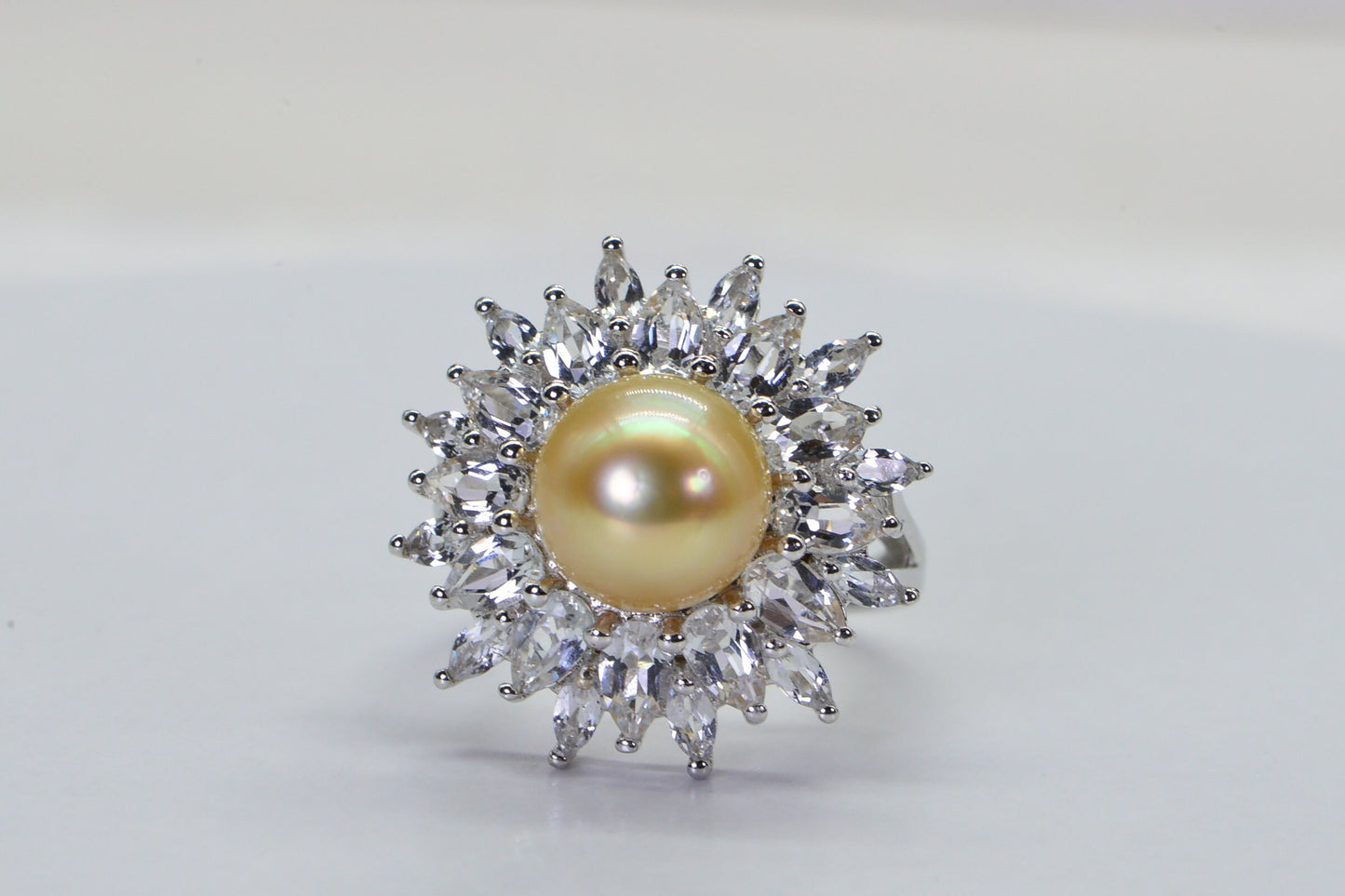 10mm Golden Pearl Ring: White Topaz Halo, Sterling Silver