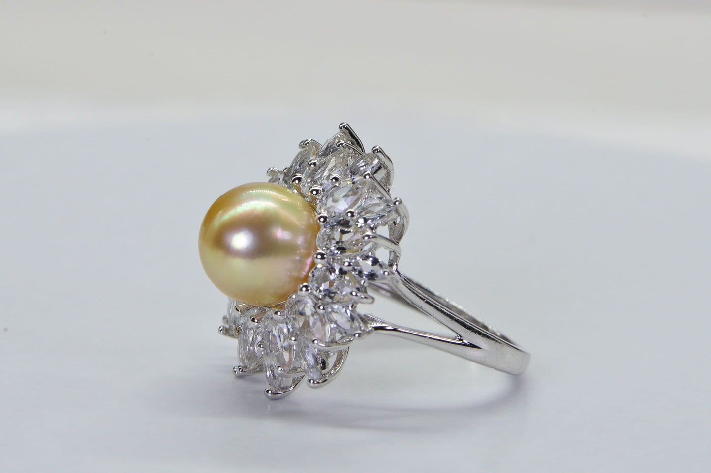 10mm Golden Pearl Ring: White Topaz Halo, Sterling Silver