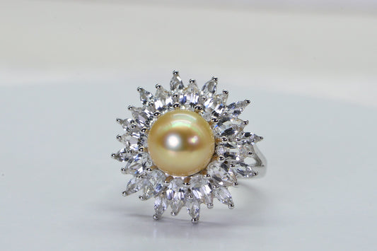 10mm Golden Pearl Ring: White Topaz Halo, Sterling Silver