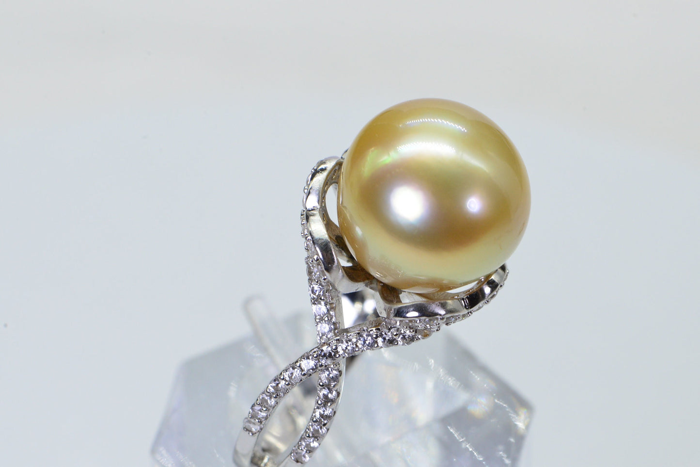 13mm Golden South Sea Pearl Ring: CZ Sterling Silver