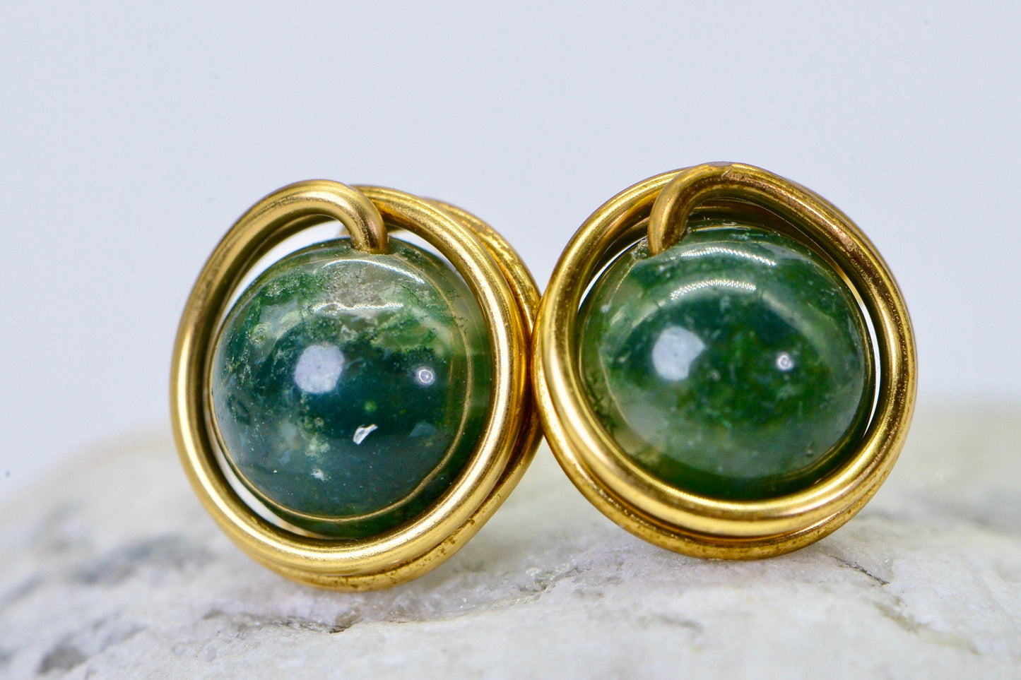 Natural Moss Agate Studs: 14K Gold Plated Wire Wrapped Earrings
